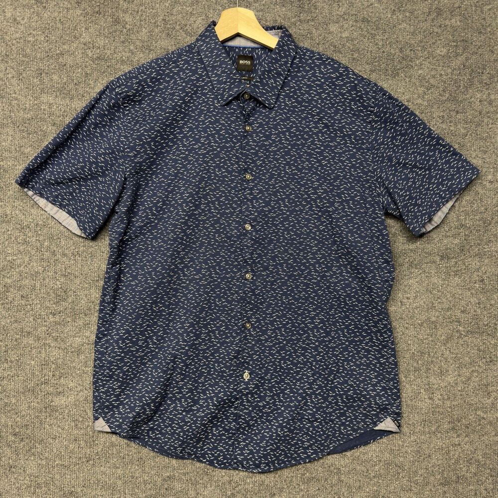 Hugo Boss Short Sleeve Button Up Shirt Mens XL Blue Seagull Print Slim Fit
